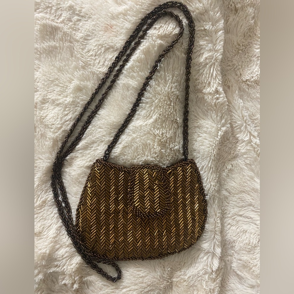 Vintage gold beaded long strap small evening purse